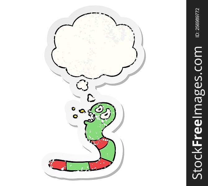 Cartoon Frightened Worm And Thought Bubble As A Distressed Worn Sticker