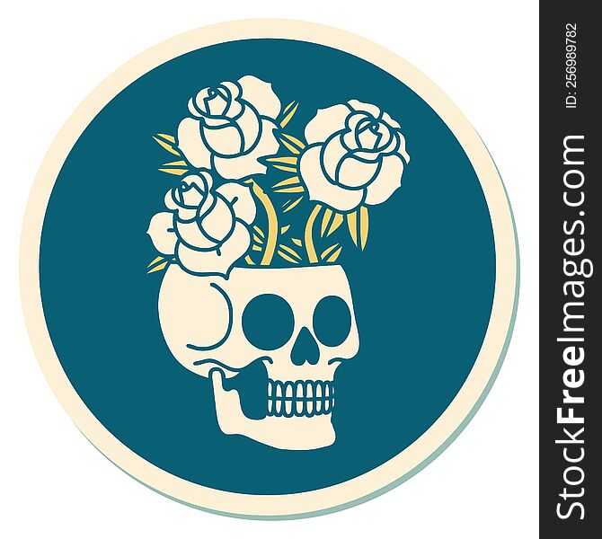 sticker of tattoo in traditional style of a skull and roses. sticker of tattoo in traditional style of a skull and roses
