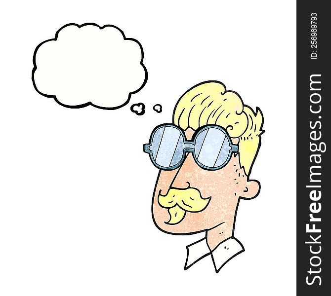freehand drawn thought bubble textured cartoon man with mustache and spectacles