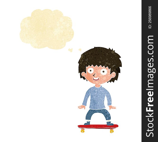 cartoon boy on skateboard with thought bubble