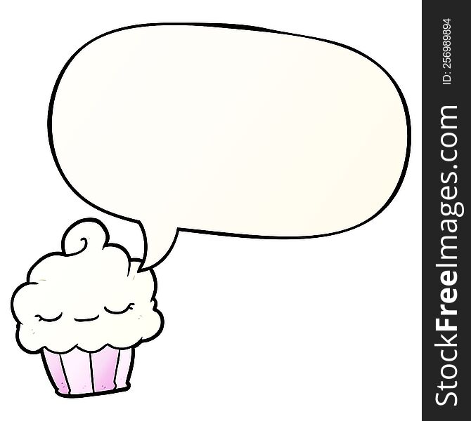 Funny Cartoon Cupcake And Speech Bubble In Smooth Gradient Style