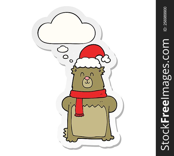 Cartoon Bear Wearing Christmas Hat And Thought Bubble As A Printed Sticker