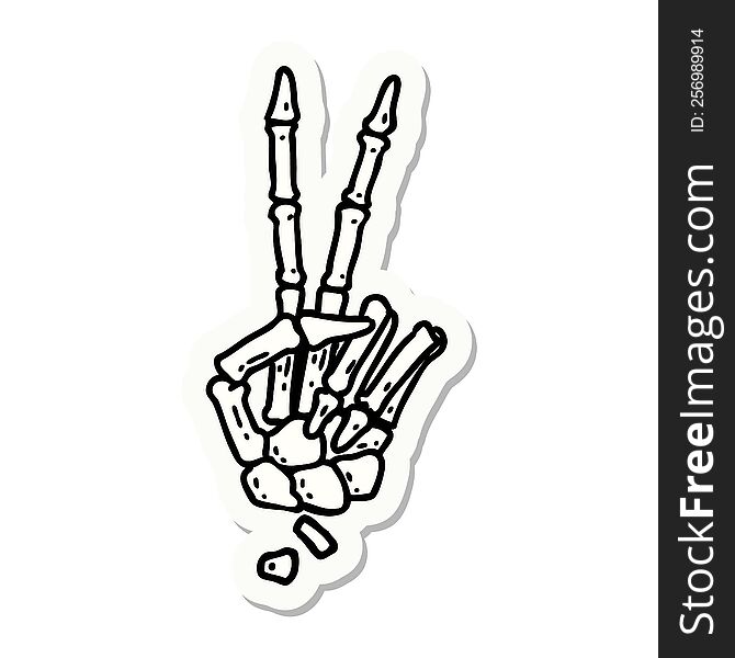 Tattoo Style Sticker Of A Skeleton Hand Giving A Peace Sign