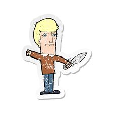Retro Distressed Sticker Of A Cartoon Man With Knife Stock Images