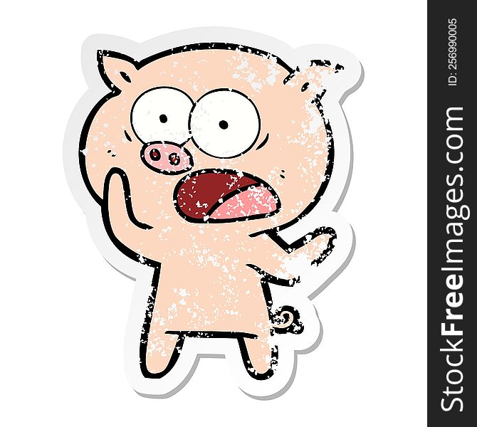 Distressed Sticker Of A Cartoon Pig Shouting