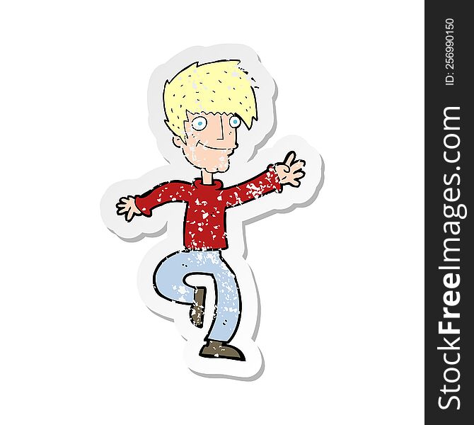 retro distressed sticker of a cartoon happy man dancing