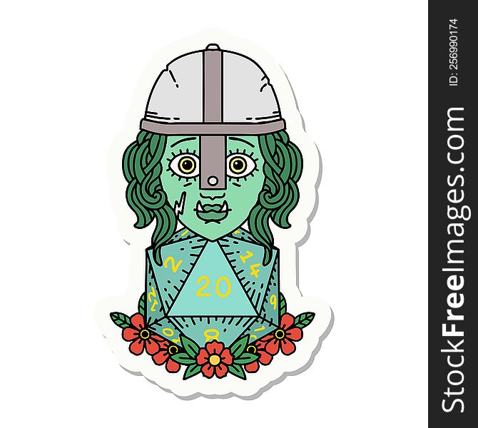 Half Orc Fighter Character With Natural Twenty Dice Roll Sticker
