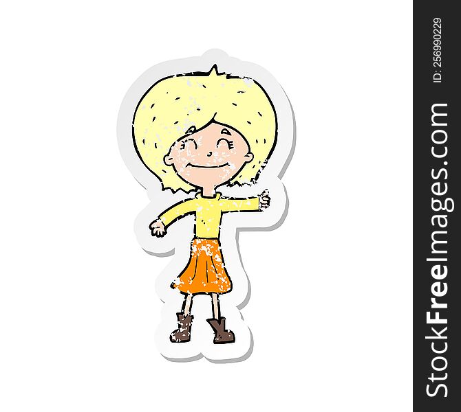 Retro Distressed Sticker Of A Cartoon Happy Girl Giving Thumbs Up Symbol