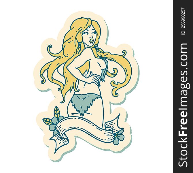 sticker of tattoo in traditional style of a pinup viking girl with banner. sticker of tattoo in traditional style of a pinup viking girl with banner