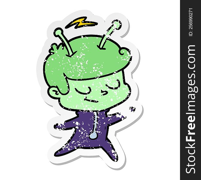 Distressed Sticker Of A Friendly Cartoon Spaceman Dancing