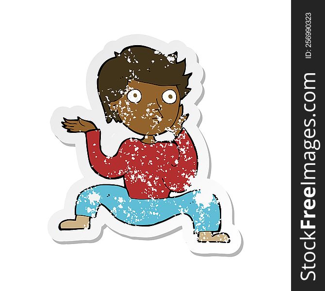 retro distressed sticker of a cartoon boy doing crazy dance