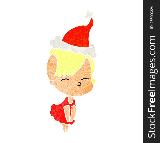 Retro Cartoon Of A Squinting Girl In Dress Wearing Santa Hat