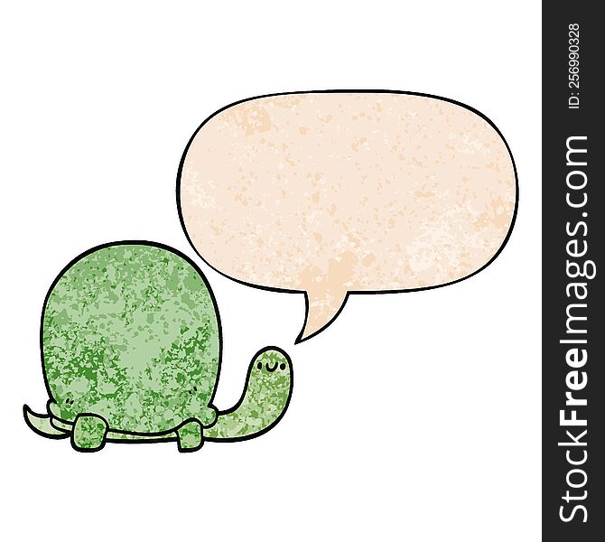 cute cartoon tortoise with speech bubble in retro texture style