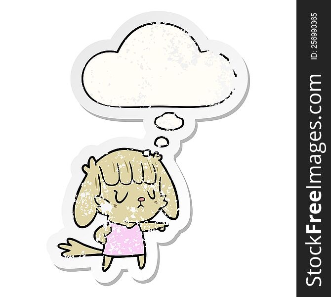 cartoon dog girl pointing with thought bubble as a distressed worn sticker