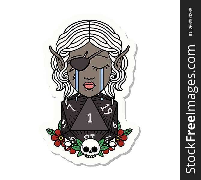 Crying Elf Rogue Character Face With Natural One D20 Roll Sticker