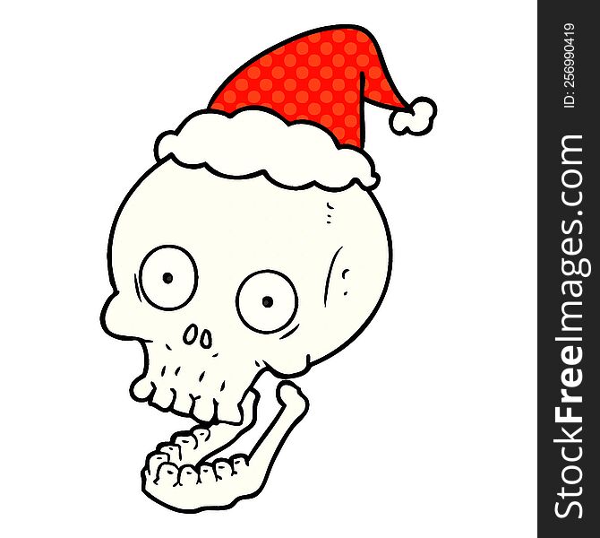 Comic Book Style Illustration Of A Skull Wearing Santa Hat