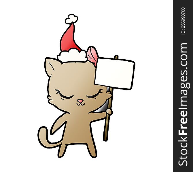 Cute Gradient Cartoon Of A Cat With Sign Wearing Santa Hat