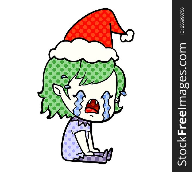 hand drawn comic book style illustration of a crying vampire girl wearing santa hat