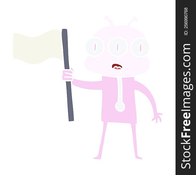 Flat Color Style Cartoon Three Eyed Alien Waving Flag