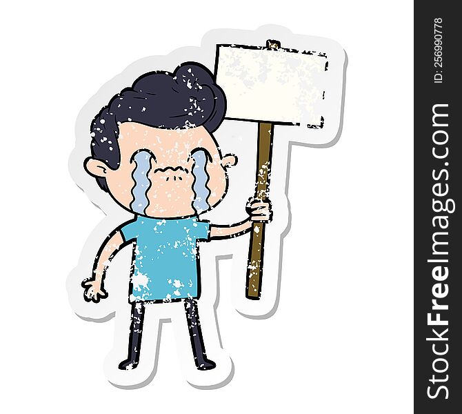 distressed sticker of a cartoon man crying holding sign