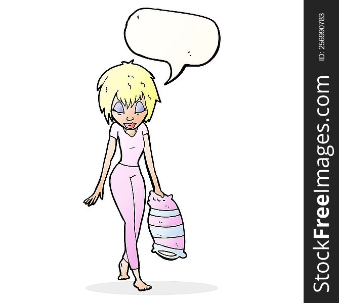 cartoon woman going to bed with speech bubble