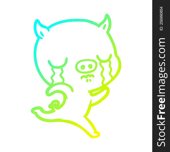 Cold Gradient Line Drawing Cartoon Running Pig Crying