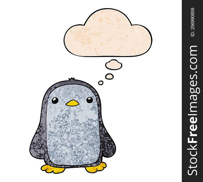 cute cartoon penguin with thought bubble in grunge texture style. cute cartoon penguin with thought bubble in grunge texture style