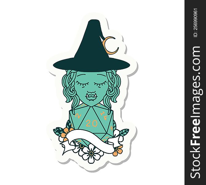 sticker of a half orc witch character with natural twenty dice roll. sticker of a half orc witch character with natural twenty dice roll