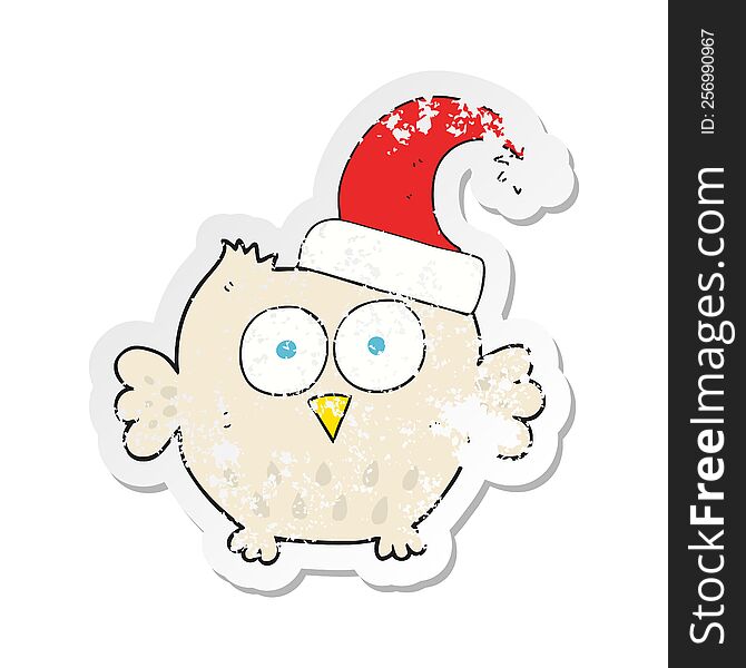 retro distressed sticker of a cartoon little owl wearing christmas hat