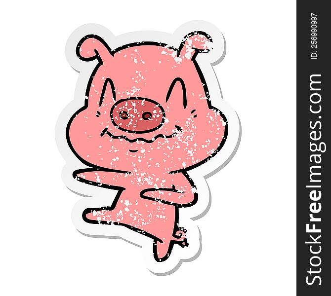 Distressed Sticker Of A Nervous Cartoon Pig Dancing