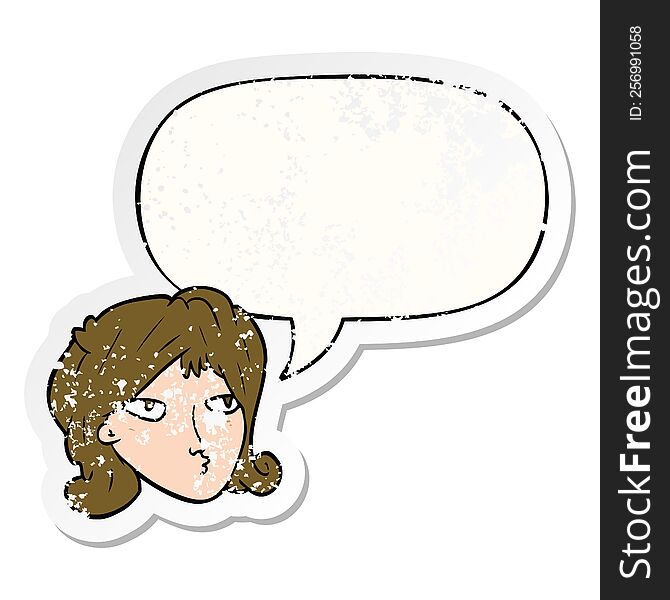 cartoon woman with speech bubble distressed distressed old sticker. cartoon woman with speech bubble distressed distressed old sticker