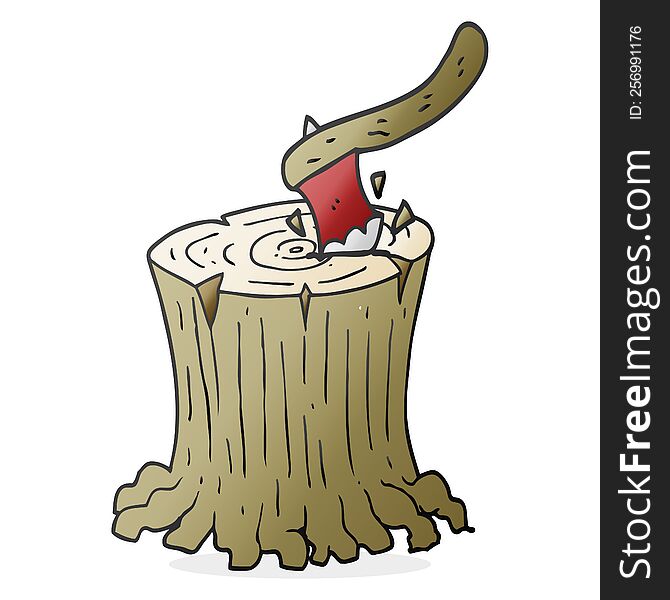 freehand drawn cartoon axe in tree stump