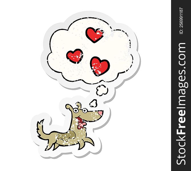 cartoon dog with love hearts and thought bubble as a distressed worn sticker