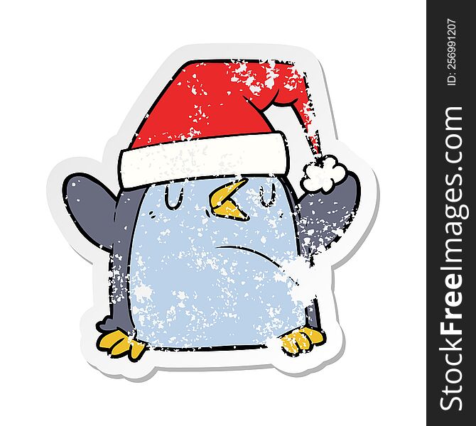 Distressed Sticker Of A Cartoon Penguin Wearing Christmas Hat