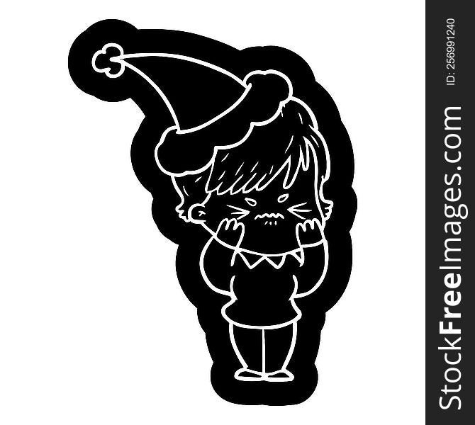quirky cartoon icon of a frustrated woman wearing santa hat