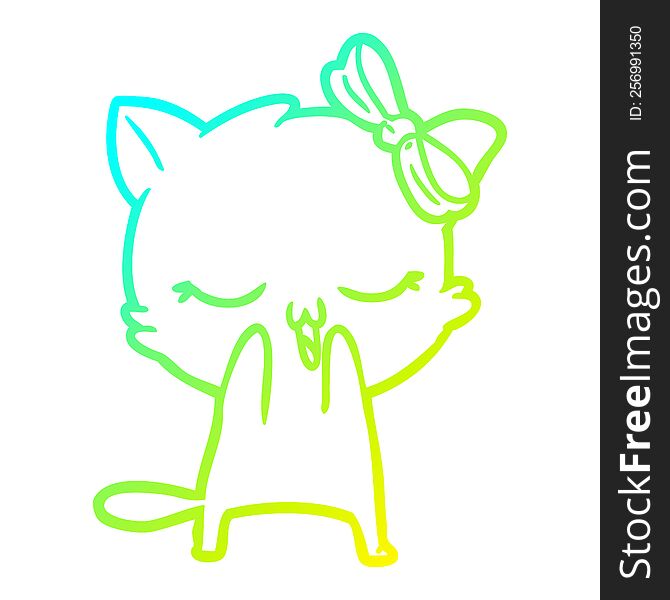 Cold Gradient Line Drawing Cartoon Cat With Bow On Head