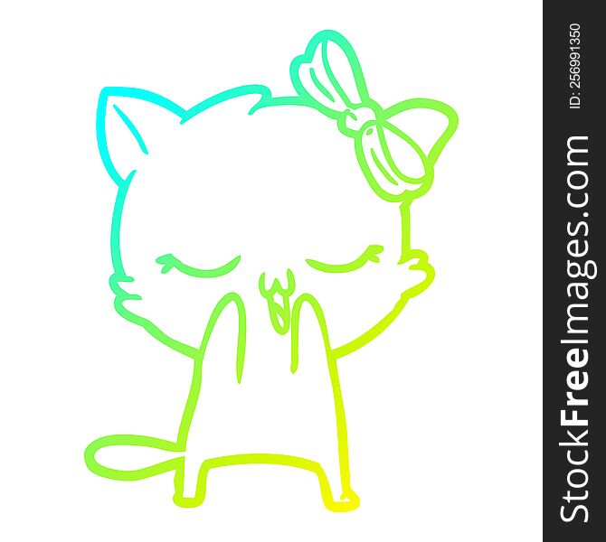 cold gradient line drawing of a cartoon cat with bow on head