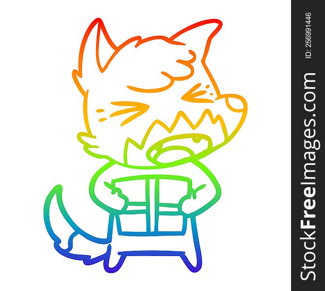 Rainbow Gradient Line Drawing Angry Cartoon Fox With Christmas Present