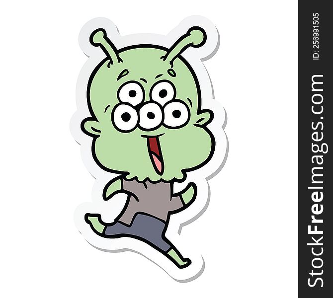 Sticker Of A Happy Cartoon Alien Running