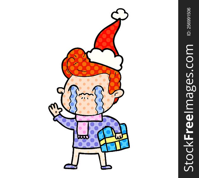 Comic Book Style Illustration Of A Man Crying Wearing Santa Hat