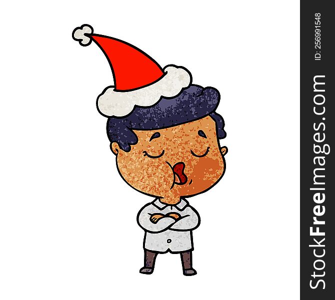hand drawn textured cartoon of a man talking wearing santa hat