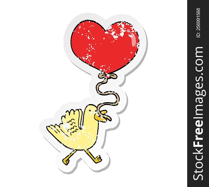 Distressed Sticker Of A Cartoon Bird With Heart Balloon