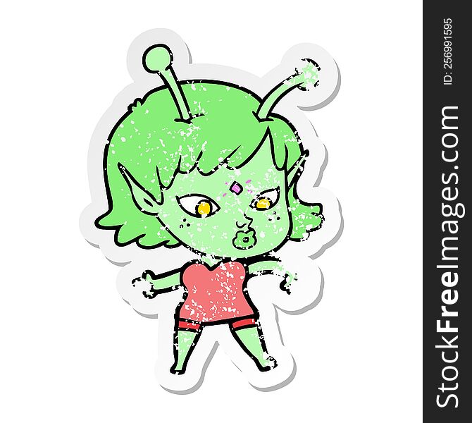 Distressed Sticker Of A Pretty Cartoon Alien Girl