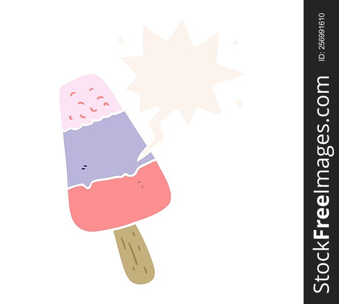cartoon ice lolly with speech bubble in retro style