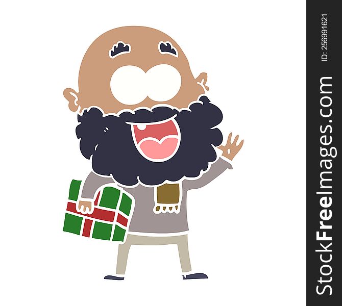 flat color style cartoon crazy happy man with beard and gift under arm