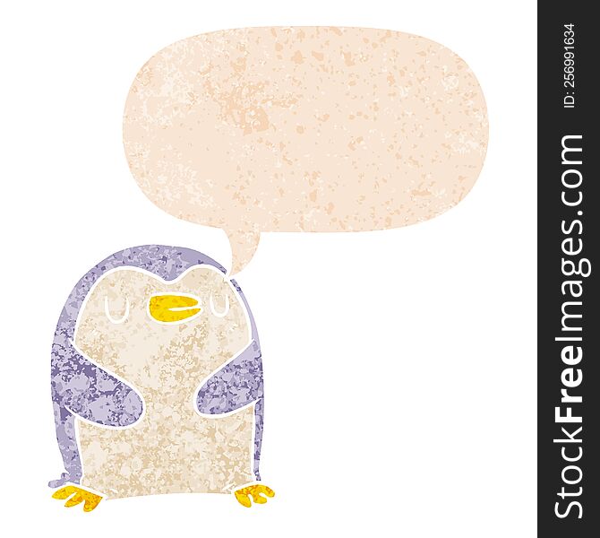 Cartoon Penguin And Speech Bubble In Retro Textured Style