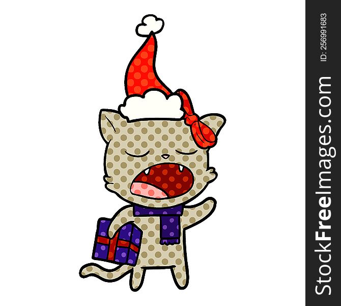 hand drawn comic book style illustration of a cat with christmas present wearing santa hat