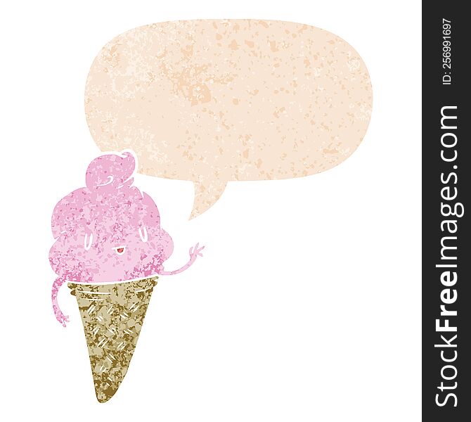 Cute Cartoon Ice Cream And Speech Bubble In Retro Textured Style