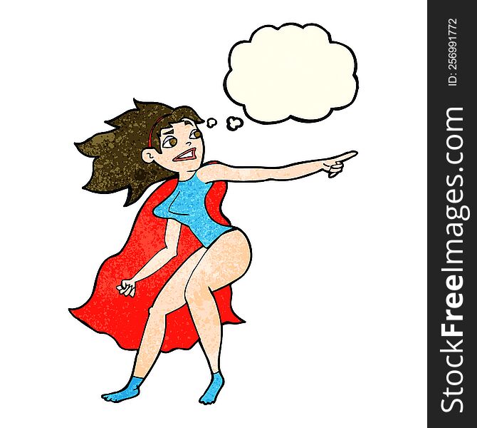 cartoon superhero woman pointing with thought bubble