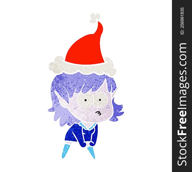 retro cartoon of a elf girl staring and crouching wearing santa hat